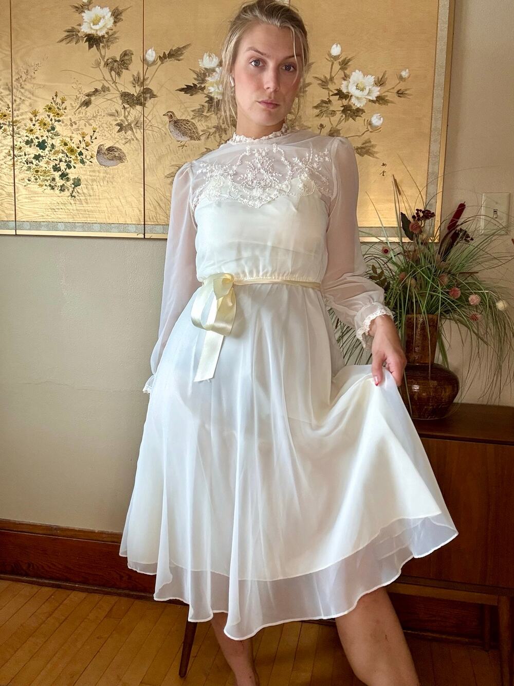 Vintage Ivory Deadstock 70s 4 Wedding Dress Midi Sheer Long Sleeve Prairie
